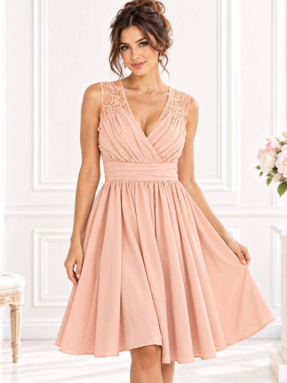NWT Sheilay Peach Blush Dress With Lace Accents. See Description For Sizing.